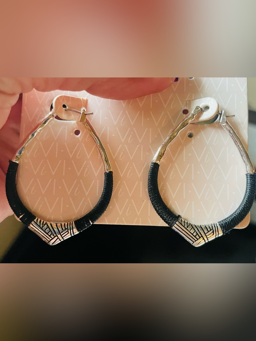 ViVi Black and Silver Textured Teardrop Hoop Earrings